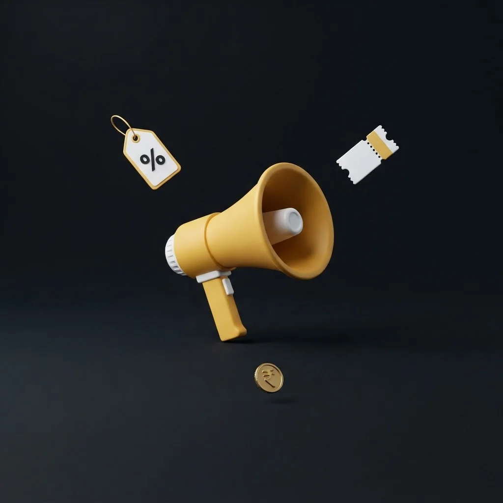 A megaphone announcing deals, with a discount tag, coupon and rupee coin